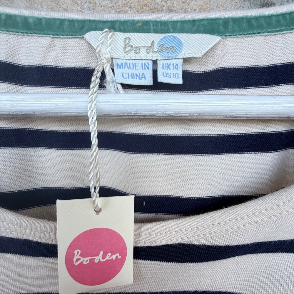 Boden Button Shoulder Breton Top Long Sleeve Navy Ivory Striped NWOT Size 10 - Picture 5 of 7